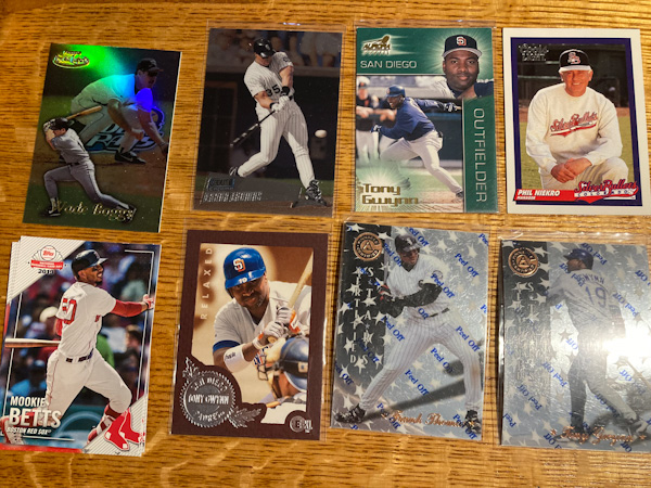 Eight baseball cards featuring Wade Boggs, Frank Thomas, Tony Gwynn, Phil Niekro, and Mookie Betts