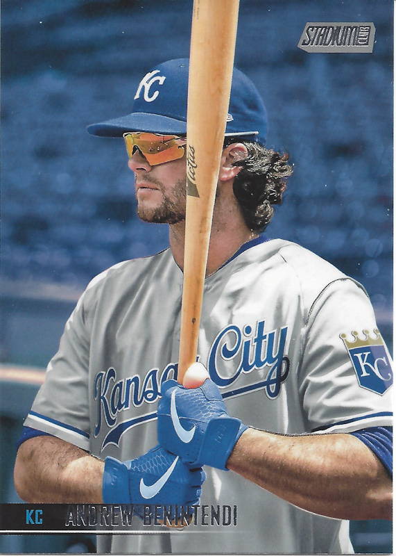 A picture of a 2021 Stadium Club baseball card of Andrew Benintendi, showing an obviously-photoshopped Kansas City Royals jersey.