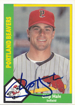 An autographed 1990 CMC Baseball Card showing a portrait of Chip Hale, then of the Portland Beavers.