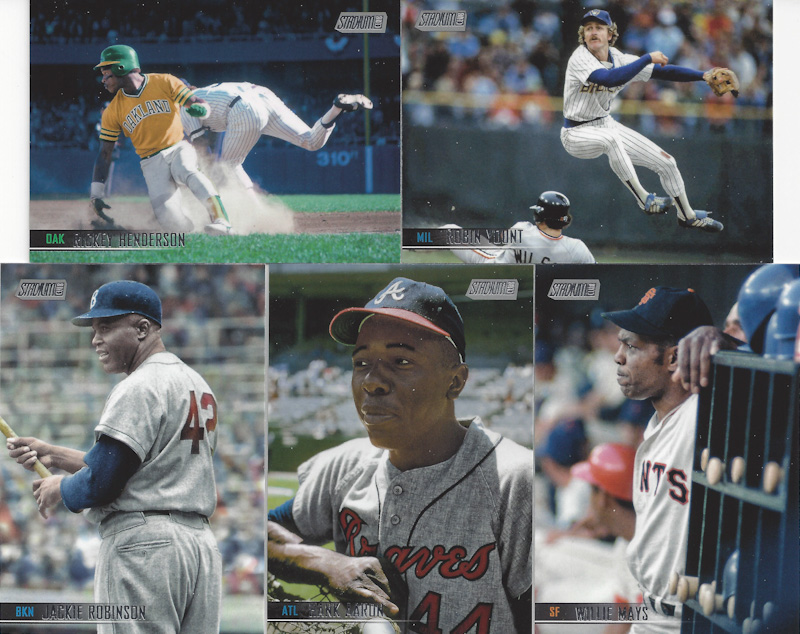 2021 Stadium Club baseball cards showing action photos of Rickey Henderson sliding into a base, Robin Yount attempting to turn a double play, and portraits of Jackie Robinson, Henry Aaron, and Willie Mays.