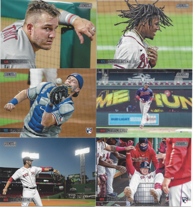 2021 Topps Stadium Club cards showing portraits of Mike Trout and Ronald Acuña Jr., Sam Huff attempting to catch a popup, Nelson Cruz in a home run trot with a scoreboard image in the background, J.D. Martinez playing catch with a view of the Fenway Park grandstand and Big Monster in the background, and Bobby Dalbec being pushed through the Red Sox dugout in a wire card of some sort, jubilantly.