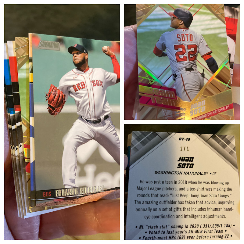 A shiny gold baseball card of Juan Soto, with stamping on the obverse stating it is one of one.