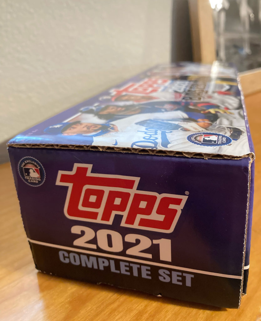 A photo showing a retail factory set of 2021 Topps baseball cards.