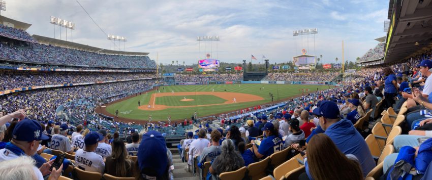 A panoramic photo of Dodger Stadium prior to the 2021 Wild Card game.