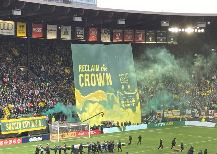 The Timbers Army displays a tifo prior to the 2021 MLS Cup